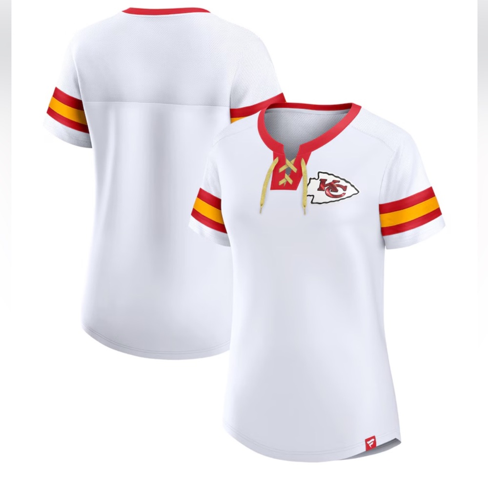 WOMEN’S FANATICS WHITE KANSAS CITY CHIEFS SUNDAY BEST LACE-UP T-SHIRT NWT
